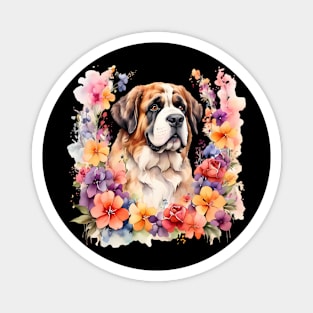 A st bernard dog decorated with beautiful watercolor flowers Magnet